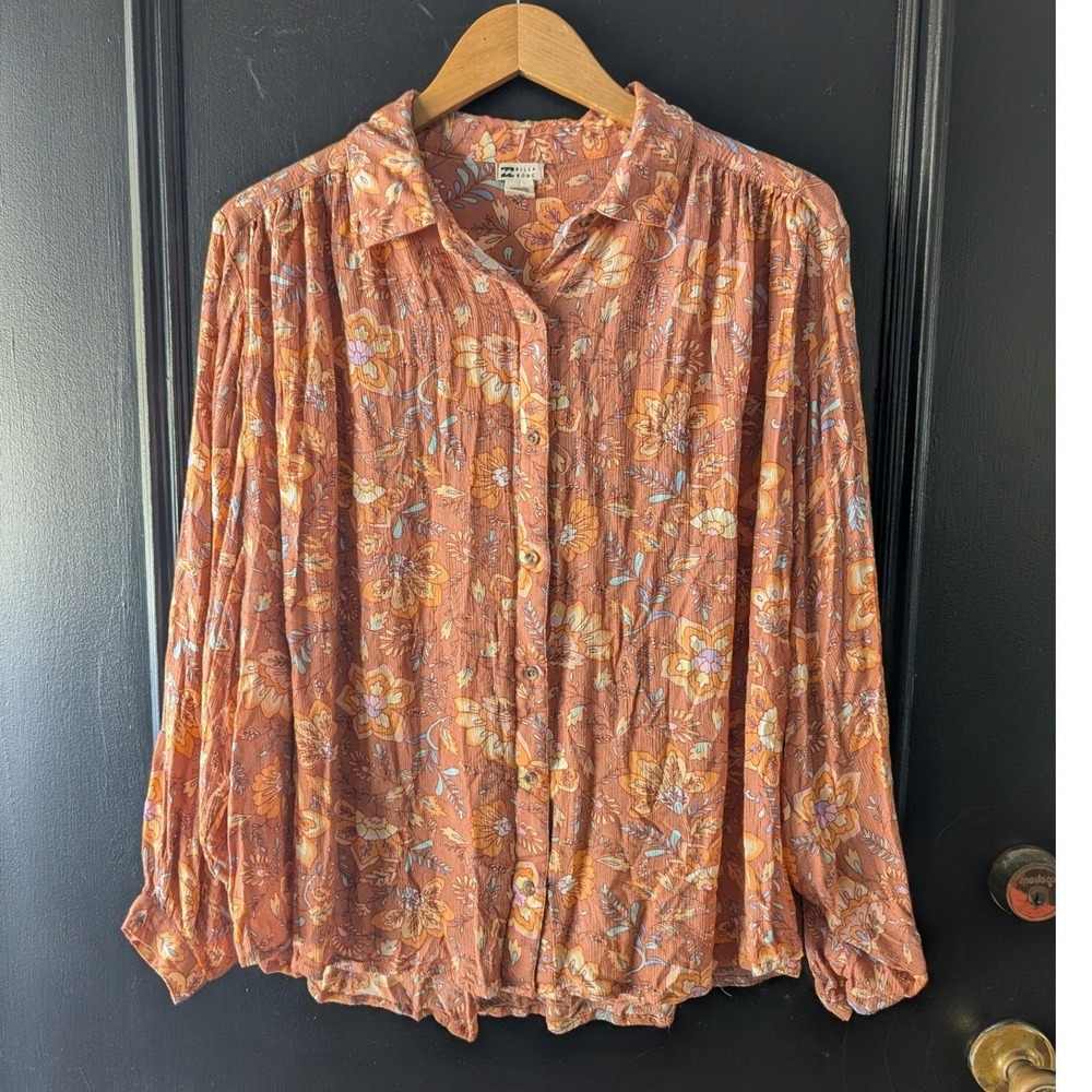 Billabong Button Up Top Orange Floral Long Sleeve Blouse Sz M Boho Relaxed Fit